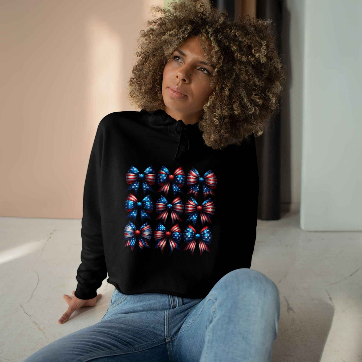 Patriotic Crop Hoodie with Red, White, and Blue Bows