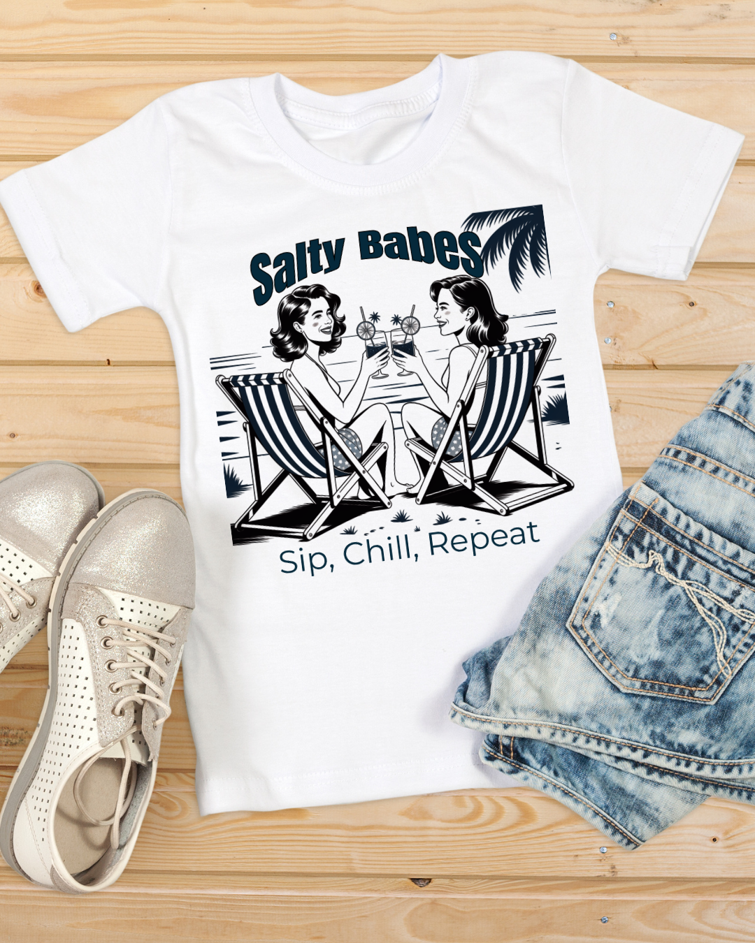 Salty Babes Graphic T-Shirt - Sip, Chill, Repeat - Perfect for Beach Lovers