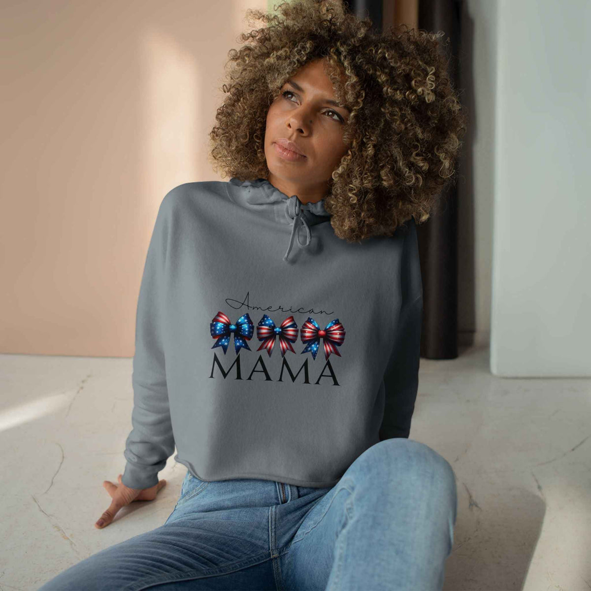 Patriotic American Mama Crop Hoodie