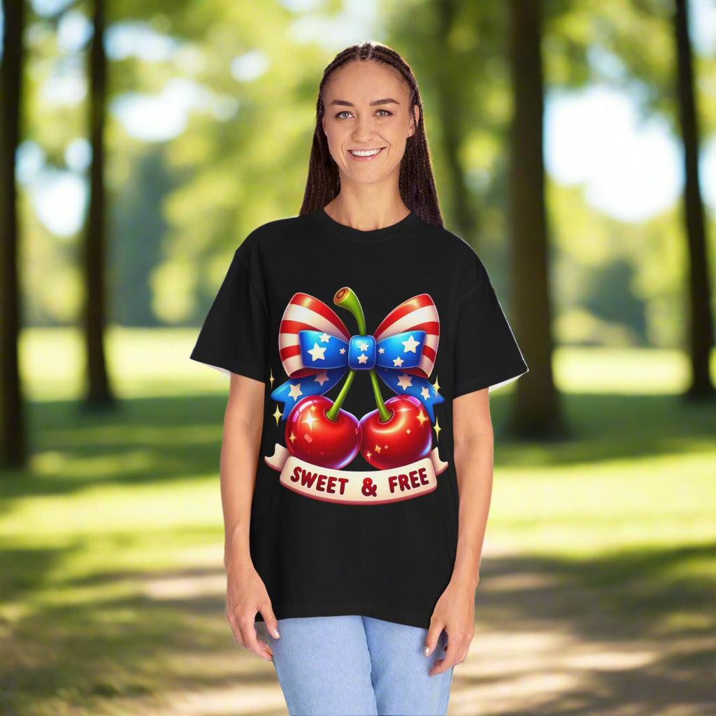 Person wearing a black t-shirt with a colorful graphic design on a white background