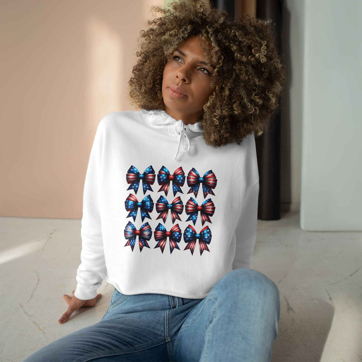 Patriotic Crop Hoodie with Red, White, and Blue Bows