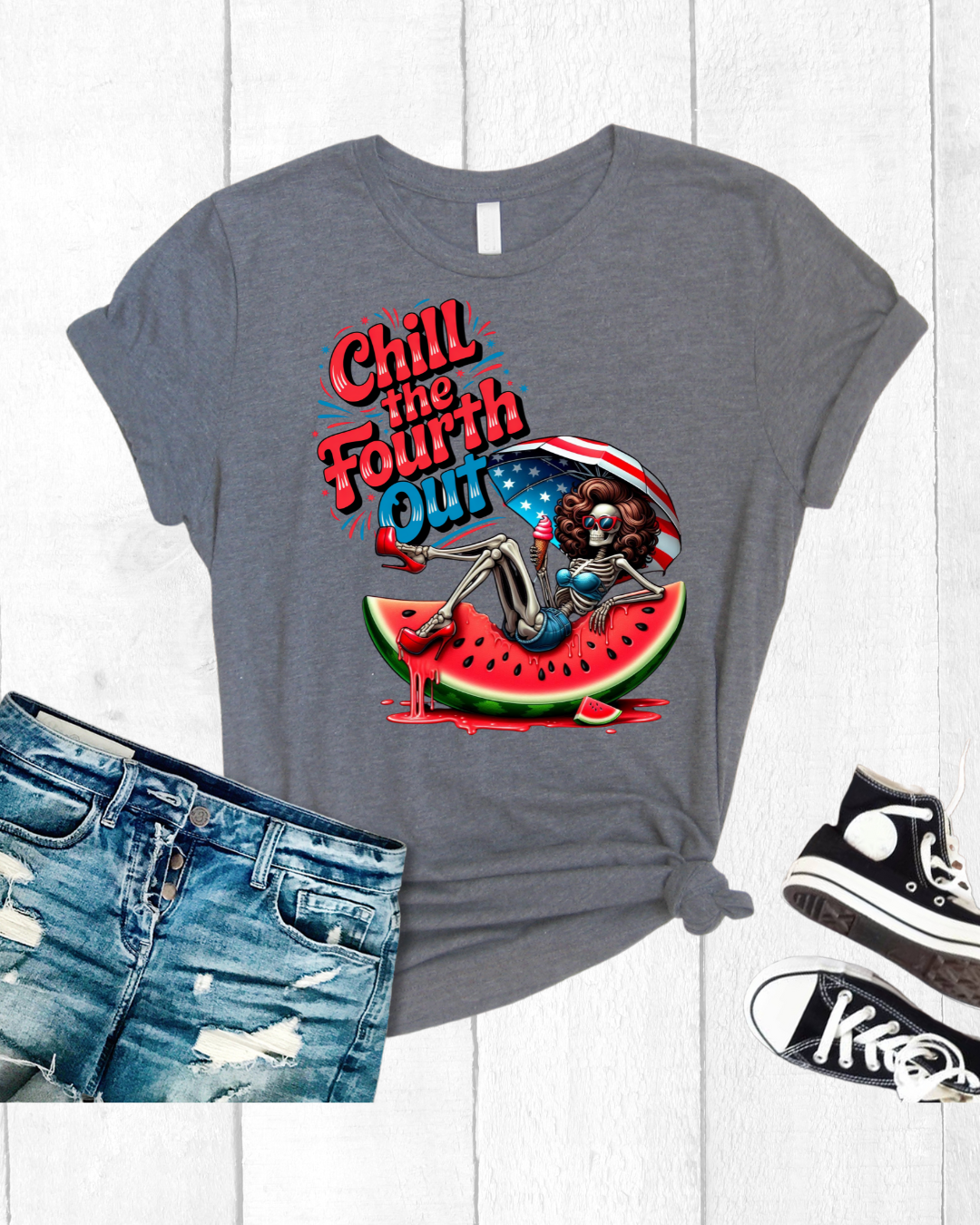 Unisex Chill the Fourth Out Tee, Summer Skeleton Watermelon T-Shirt