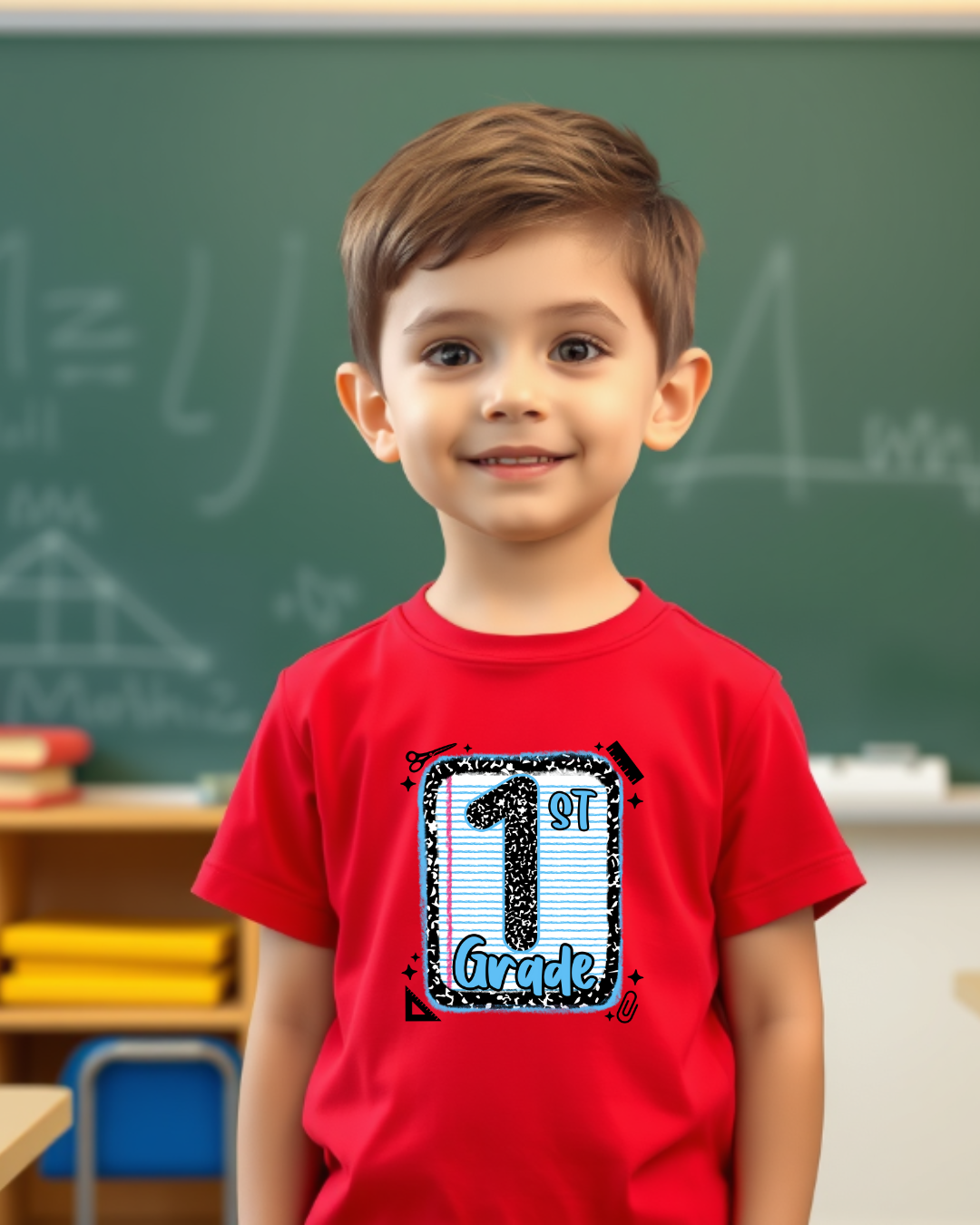 First Grade Boys Back to School Shirt – Leopard Print Notebook Graphic Tee
