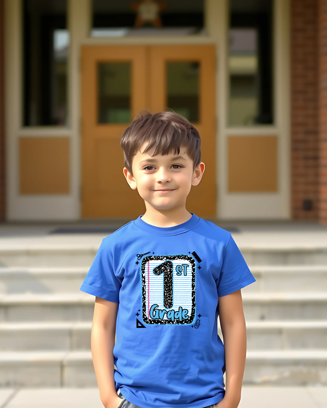 First Grade Boys Back to School Shirt – Leopard Print Notebook Graphic Tee