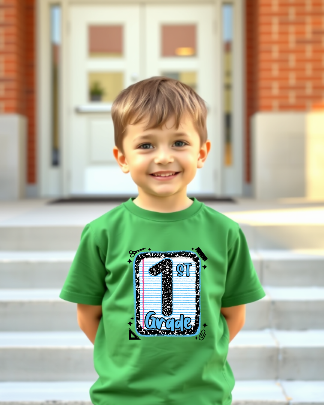 First Grade Boys Back to School Shirt – Leopard Print Notebook Graphic Tee