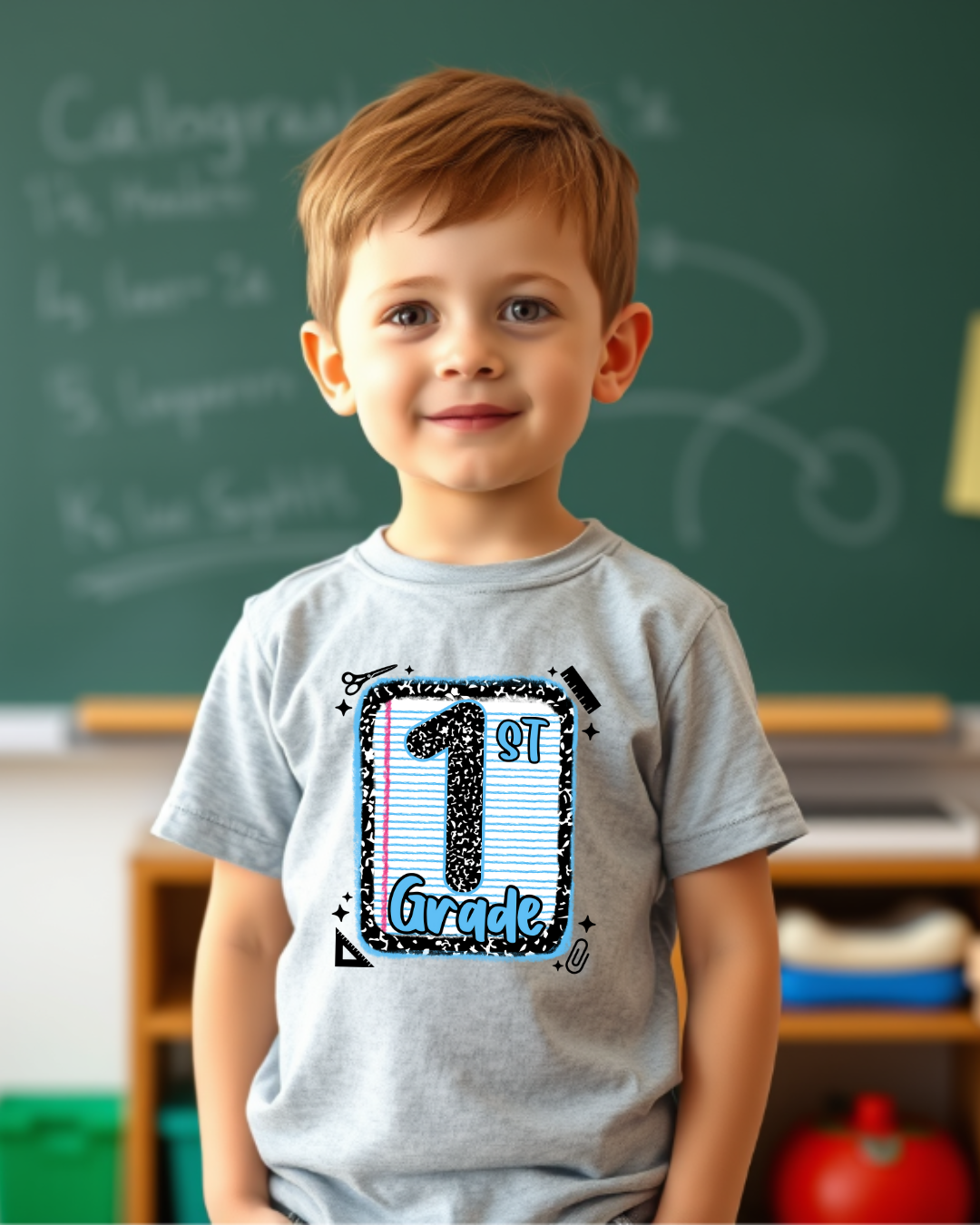 First Grade Boys Back to School Shirt – Leopard Print Notebook Graphic Tee