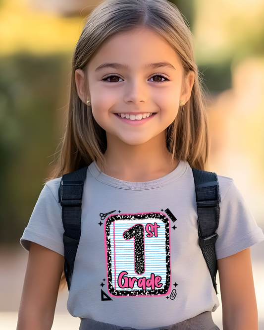 1st Grade Girls Back to School Shirt – Leopard Print Notebook Graphic Tee - Designs By Dice