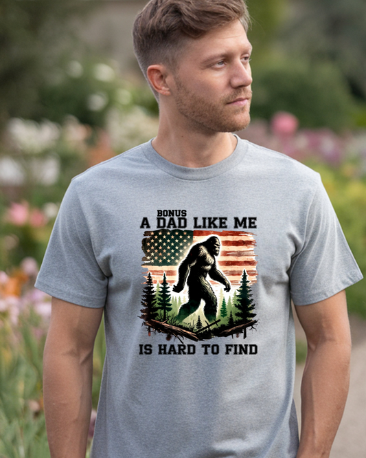 Bonus Dad Like Me Is Hard to Find Bigfoot T-Shirt | Funny Stepdad Sasquatch Shirt - Designs By Dice