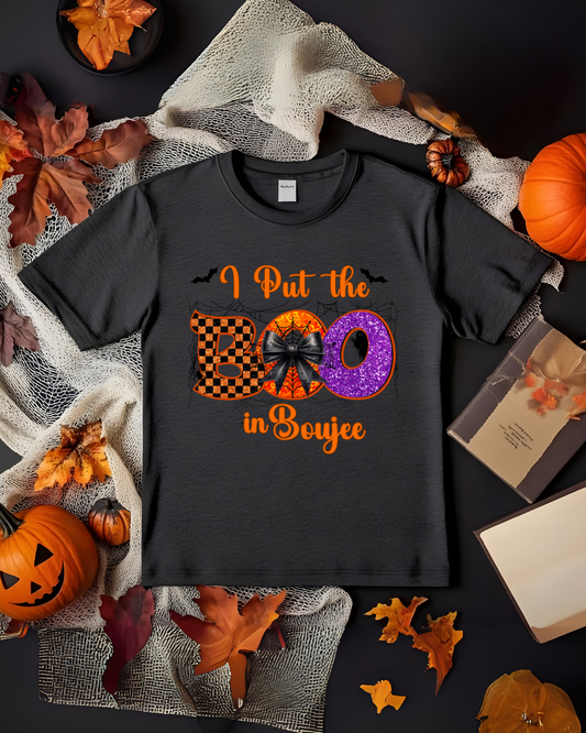 I Put the Boo in Boujee Halloween T-Shirt | Cute Spooky Graphic Tee for Women - Designs By Dice