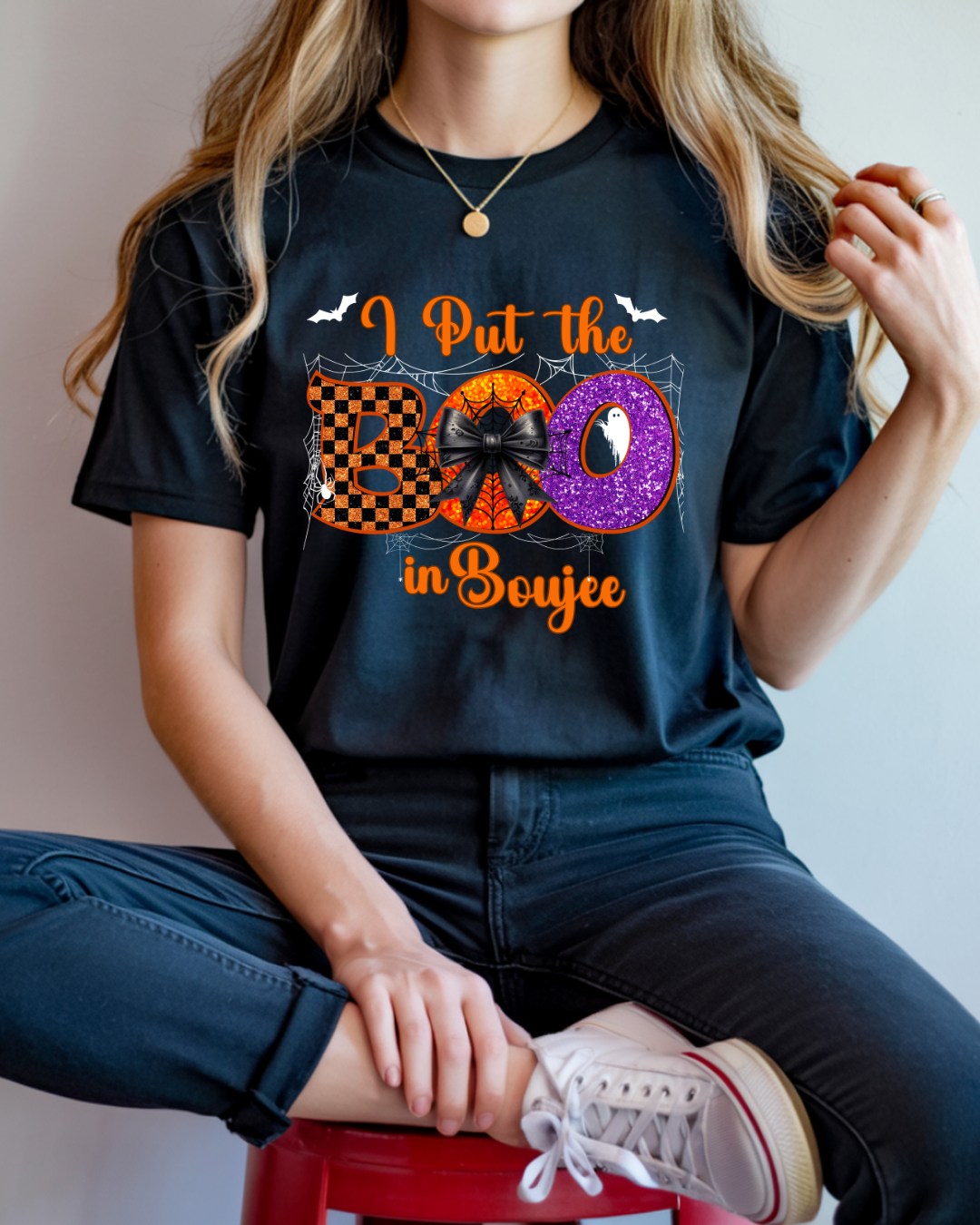 I Put the Boo in Boujee Halloween T-Shirt | Cute Spooky Graphic Tee for Women (white design)
