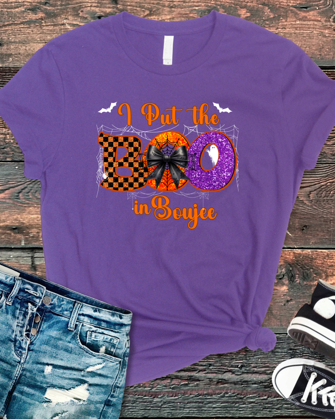 I Put the Boo in Boujee Halloween T-Shirt | Cute Spooky Graphic Tee for Women (white design)