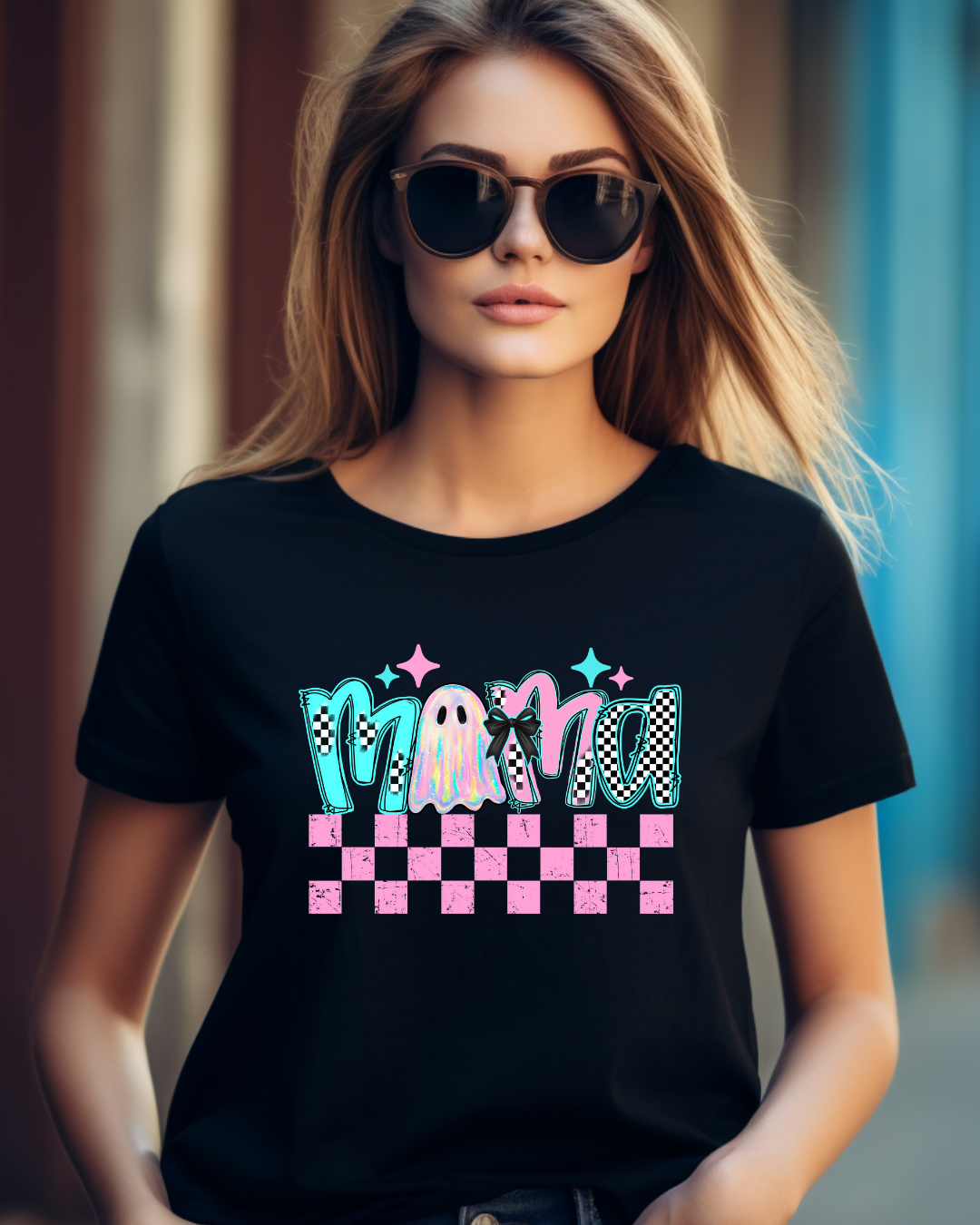 Mama Iridescent Ghost Halloween T-Shirt | Cute Pastel Spooky Checkered Tee for Moms