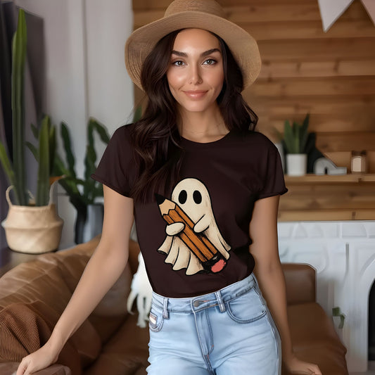 Cute Ghost with Pencil T-Shirt – Spooky Teacher & Student Halloween Graphic Tee - Designs By Dice