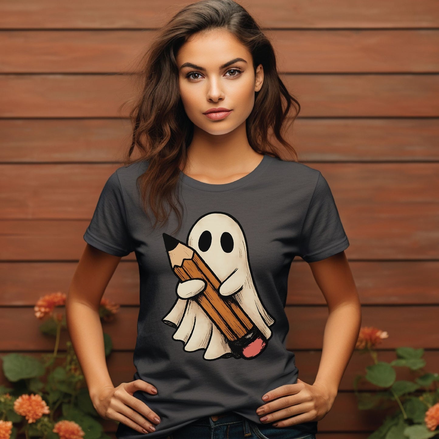 Cute Ghost with Pencil T-Shirt – Spooky Teacher & Student Halloween Graphic Tee