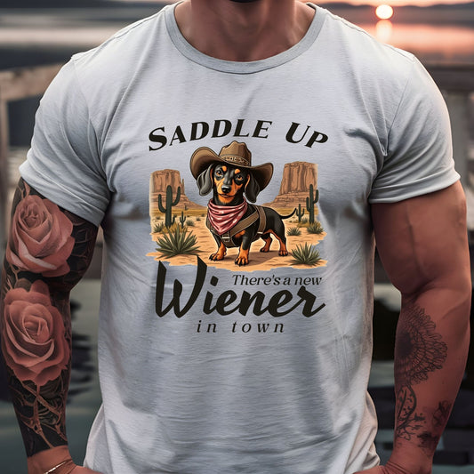 Saddle Up Wiener Dog T-Shirt – Funny Cowboy Dachshund Western Graphic Tee - Designs By Dice