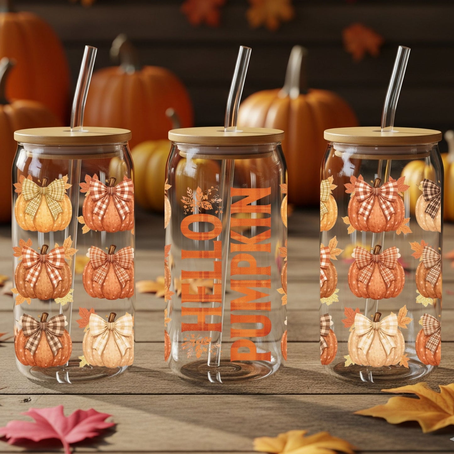 Hello Pumpkin 16oz Sipper Glass Cup – Fall Plaid Pumpkin Tumbler with Lid & Straw