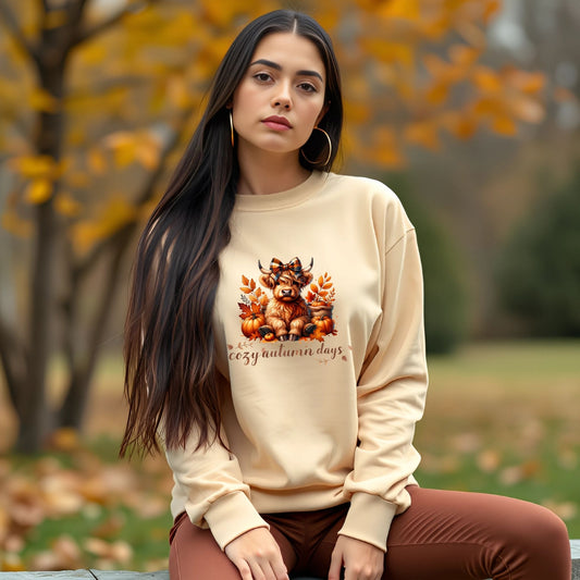 Cozy Autumn Days Highland Cow Sweatshirt – Cute Fall Pumpkin Crewneck Sweater - Designs By Dice
