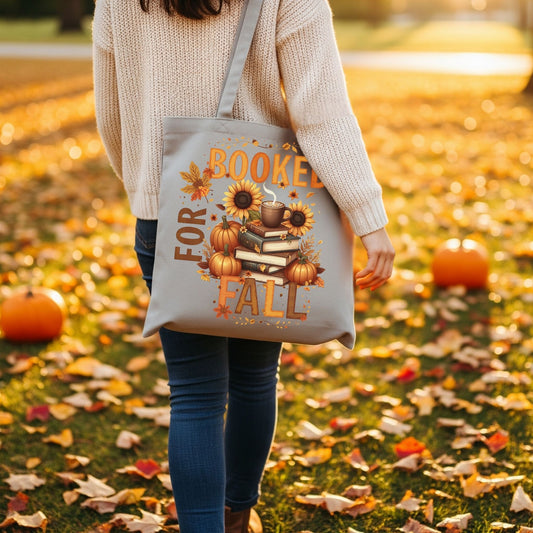 Booked for Fall Tote Bag – Cozy Autumn Pumpkin & Book Lover Canvas Bag - Designs By Dice