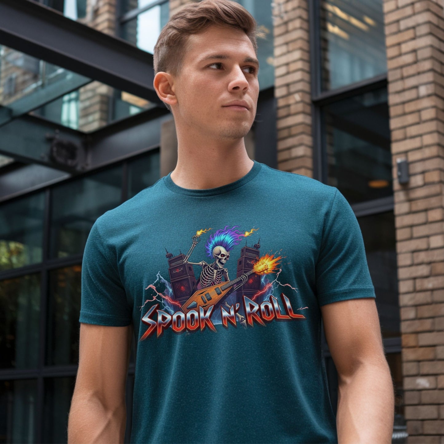 Spook N’ Roll – Skeleton Rock Guitar Halloween T-Shirt