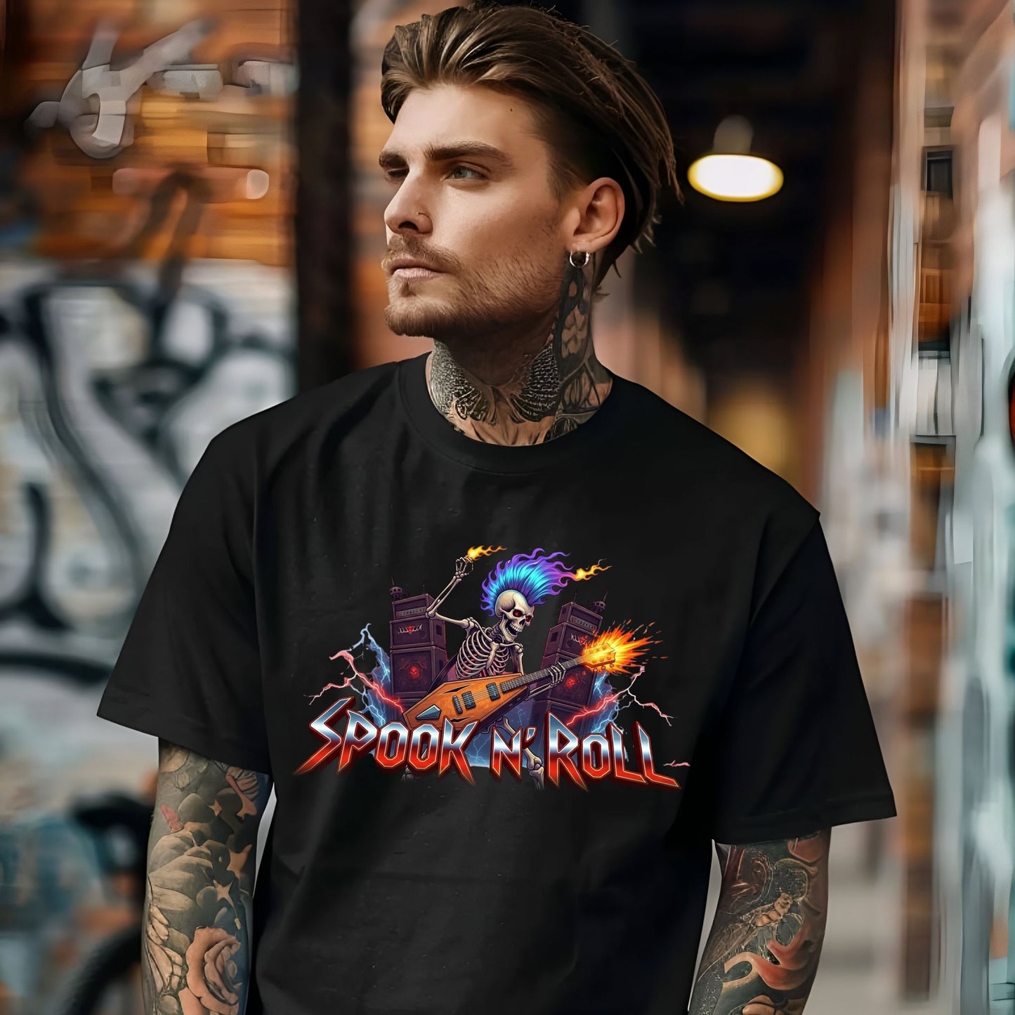 Spook N’ Roll – Skeleton Rock Guitar Halloween T-Shirt