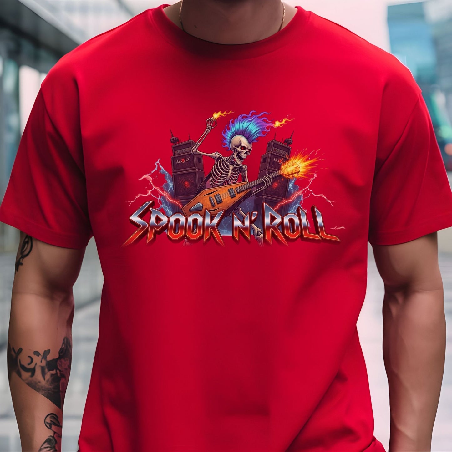 Spook N’ Roll – Skeleton Rock Guitar Halloween T-Shirt