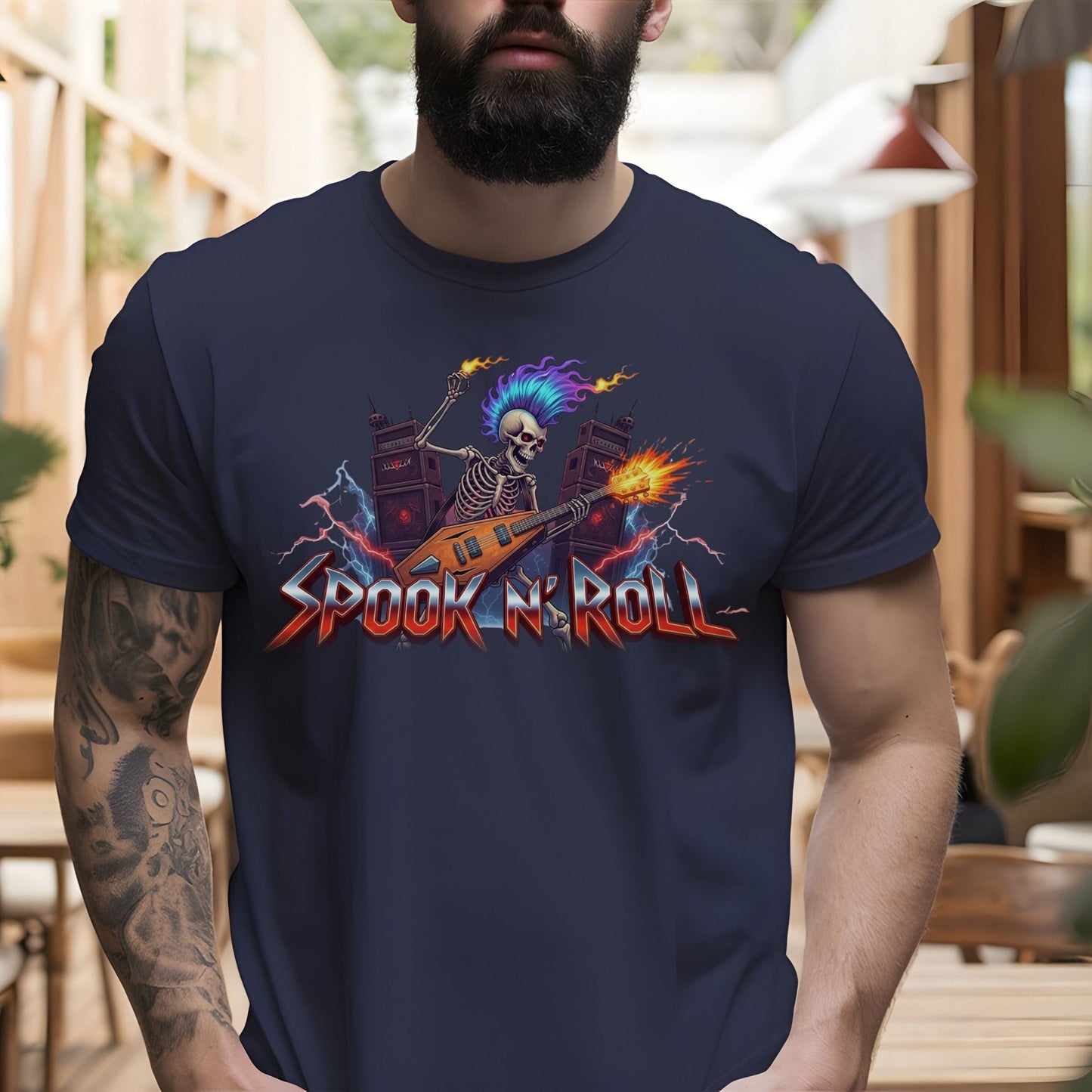 Spook N’ Roll – Skeleton Rock Guitar Halloween T-Shirt