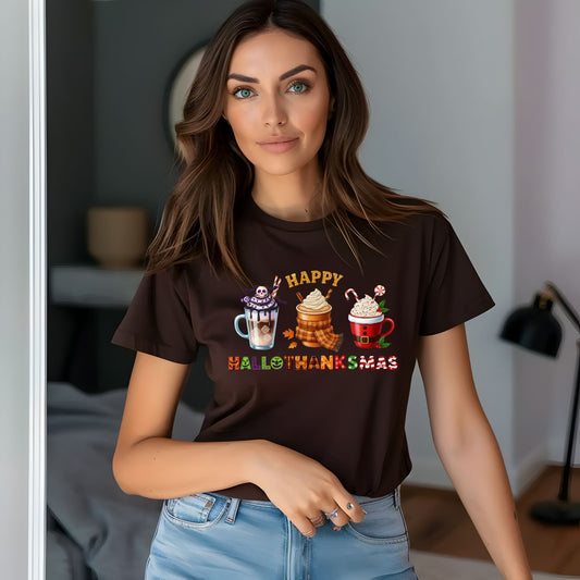 Happy Hallothanksmas – Halloween, Thanksgiving & Christmas Holiday T-Shirt - Designs By Dice