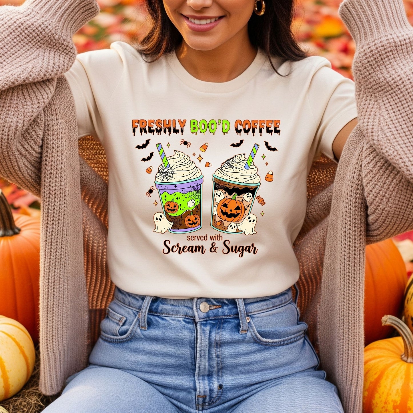 Freshly Boo’d Coffee Halloween T-Shirt – Cute Ghost Pumpkin Latte Graphic Tee