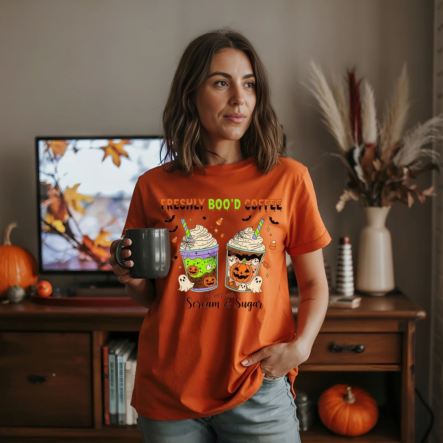 Freshly Boo’d Coffee Halloween T-Shirt – Cute Ghost Pumpkin Latte Graphic Tee