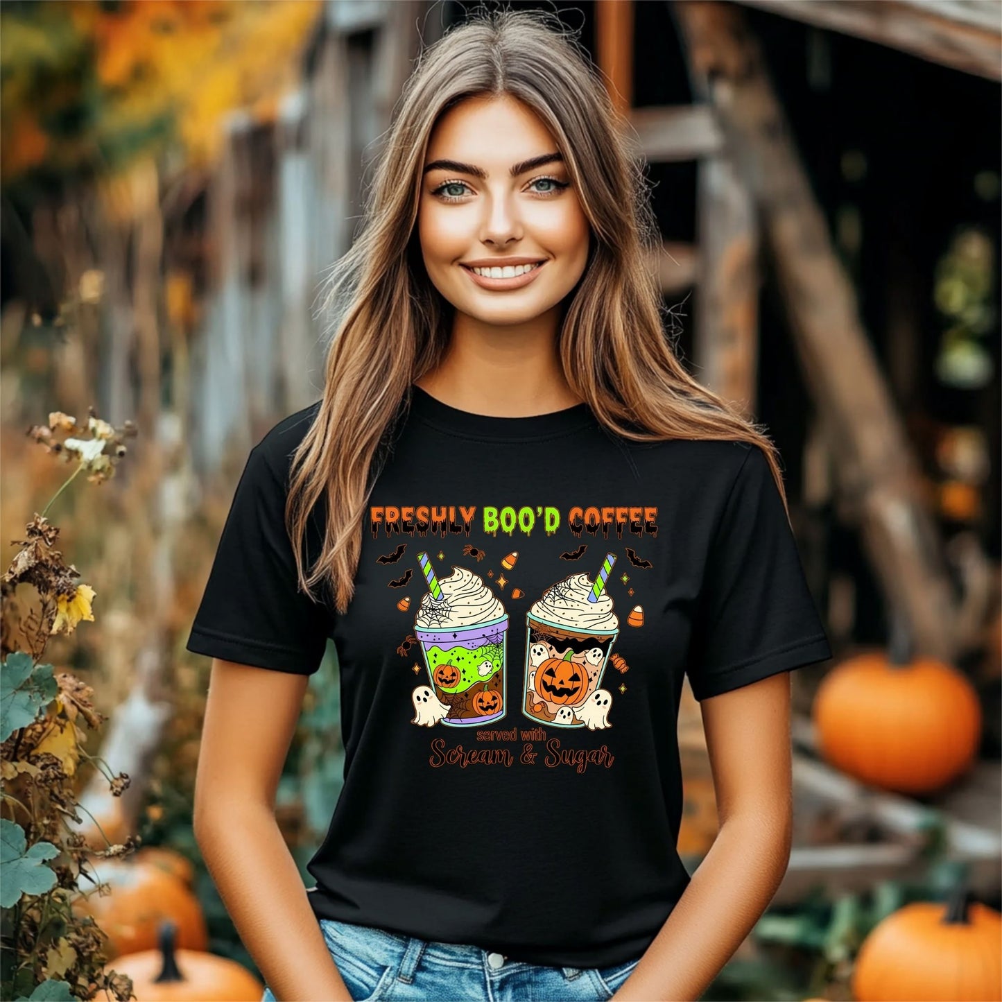 Freshly Boo’d Coffee Halloween T-Shirt – Cute Ghost Pumpkin Latte Graphic Tee