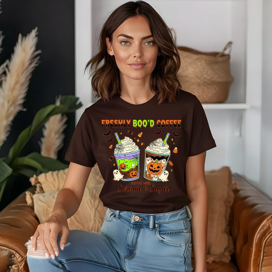 Freshly Boo’d Coffee Halloween T-Shirt – Cute Ghost Pumpkin Latte Graphic Tee - Designs By Dice