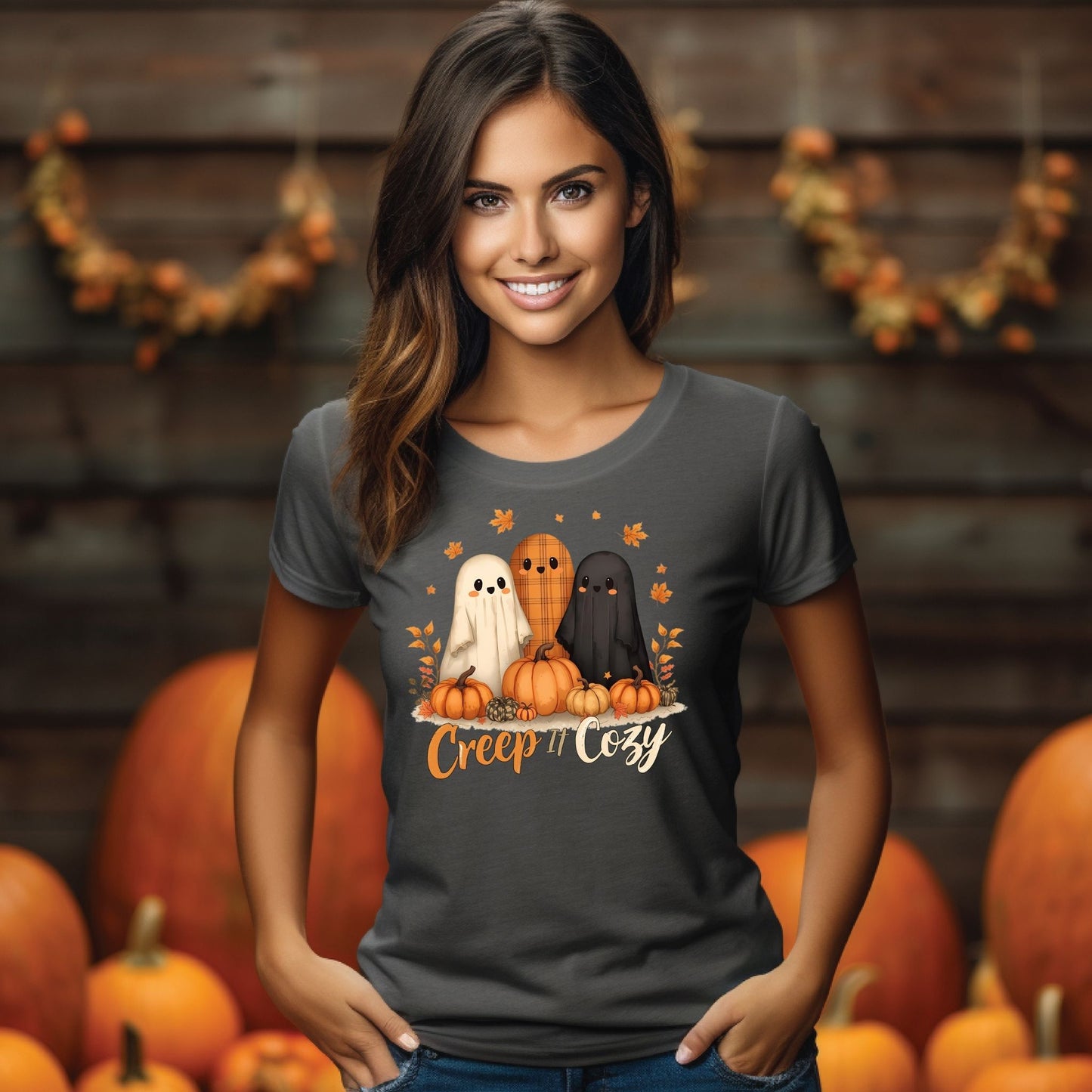 Creep It Cozy Cute Halloween Ghosts and Pumpkins T-Shirt