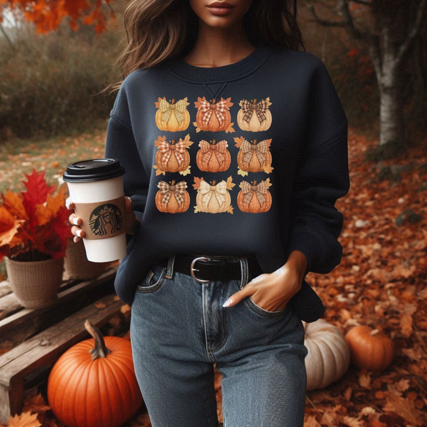 Plaid Bow Pumpkin Crewneck Sweatshirt – Cozy Fall Autumn Sweater
