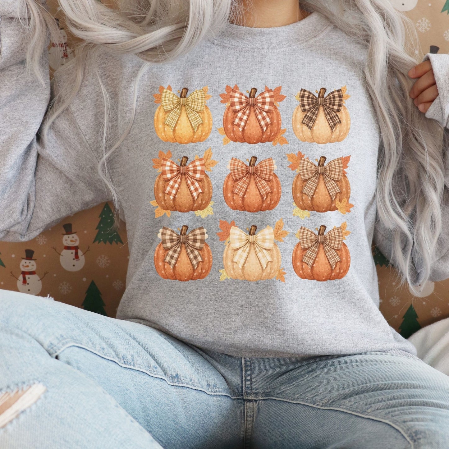Plaid Bow Pumpkin Crewneck Sweatshirt – Cozy Fall Autumn Sweater
