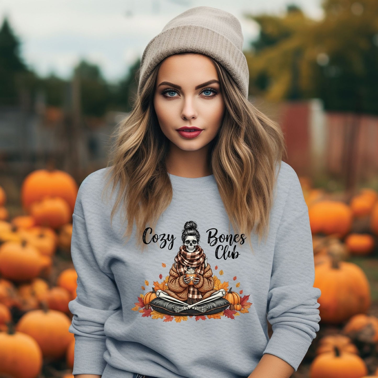 Cozy Bones Club Fall Skeleton Crewneck Sweatshirt – Autumn Coffee & Pumpkin Season Sweater