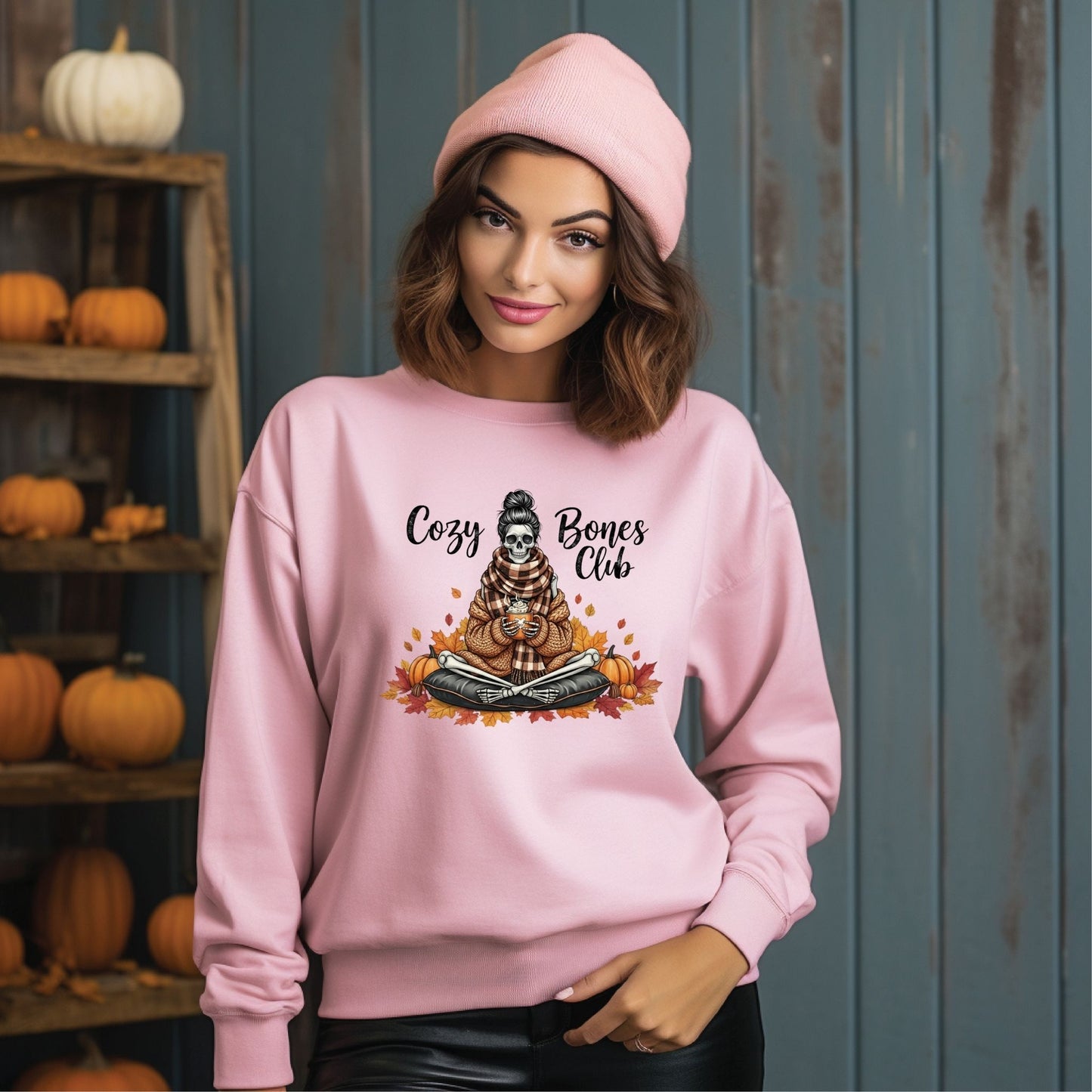 Cozy Bones Club Fall Skeleton Crewneck Sweatshirt – Autumn Coffee & Pumpkin Season Sweater