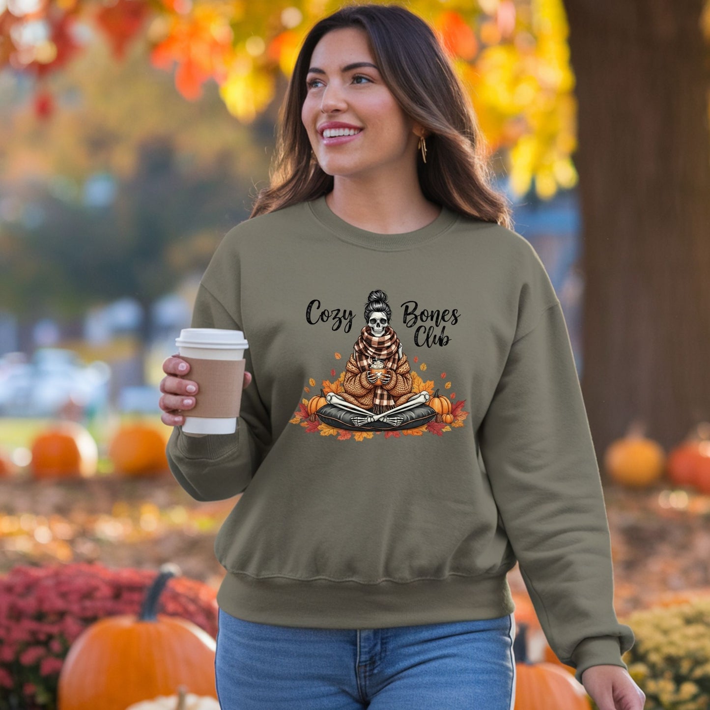 Cozy Bones Club Fall Skeleton Crewneck Sweatshirt – Autumn Coffee & Pumpkin Season Sweater