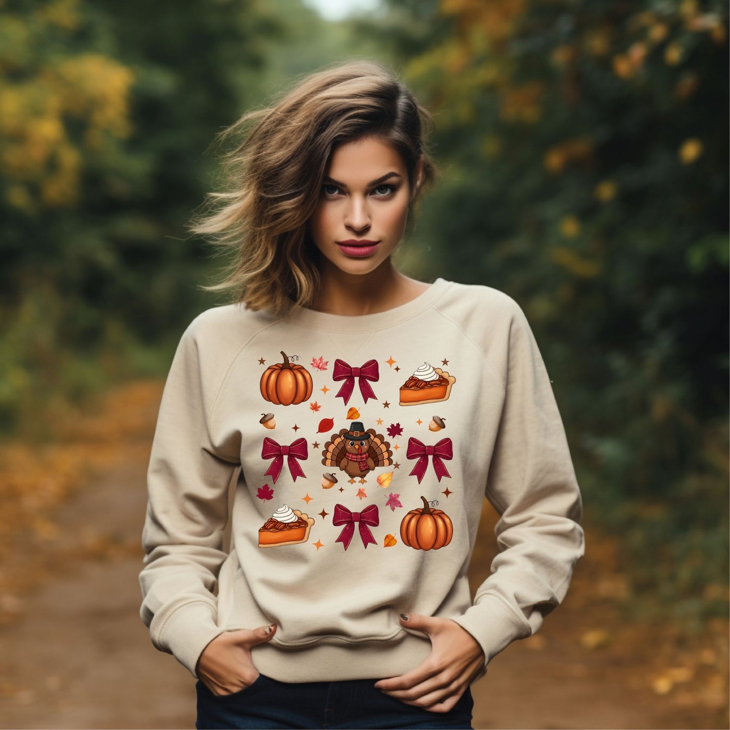 Cute Thanksgiving Turkey Crewneck Sweatshirt – Fall Pumpkin Pie Autumn Leaves Pullover