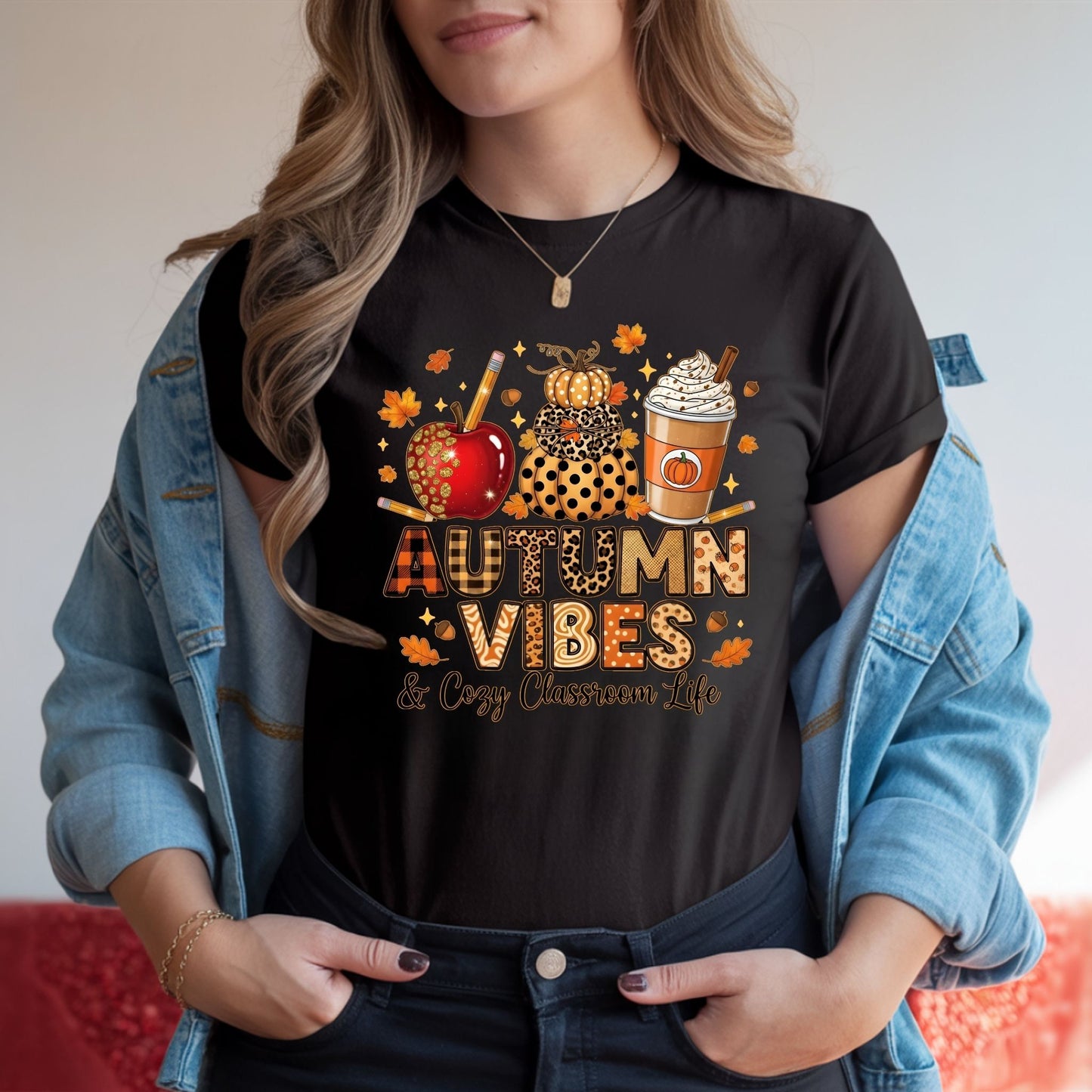 Autumn Vibes & Cozy Classroom Life Teacher T-Shirt – Fall Pumpkin Latte Leopard Print Tee
