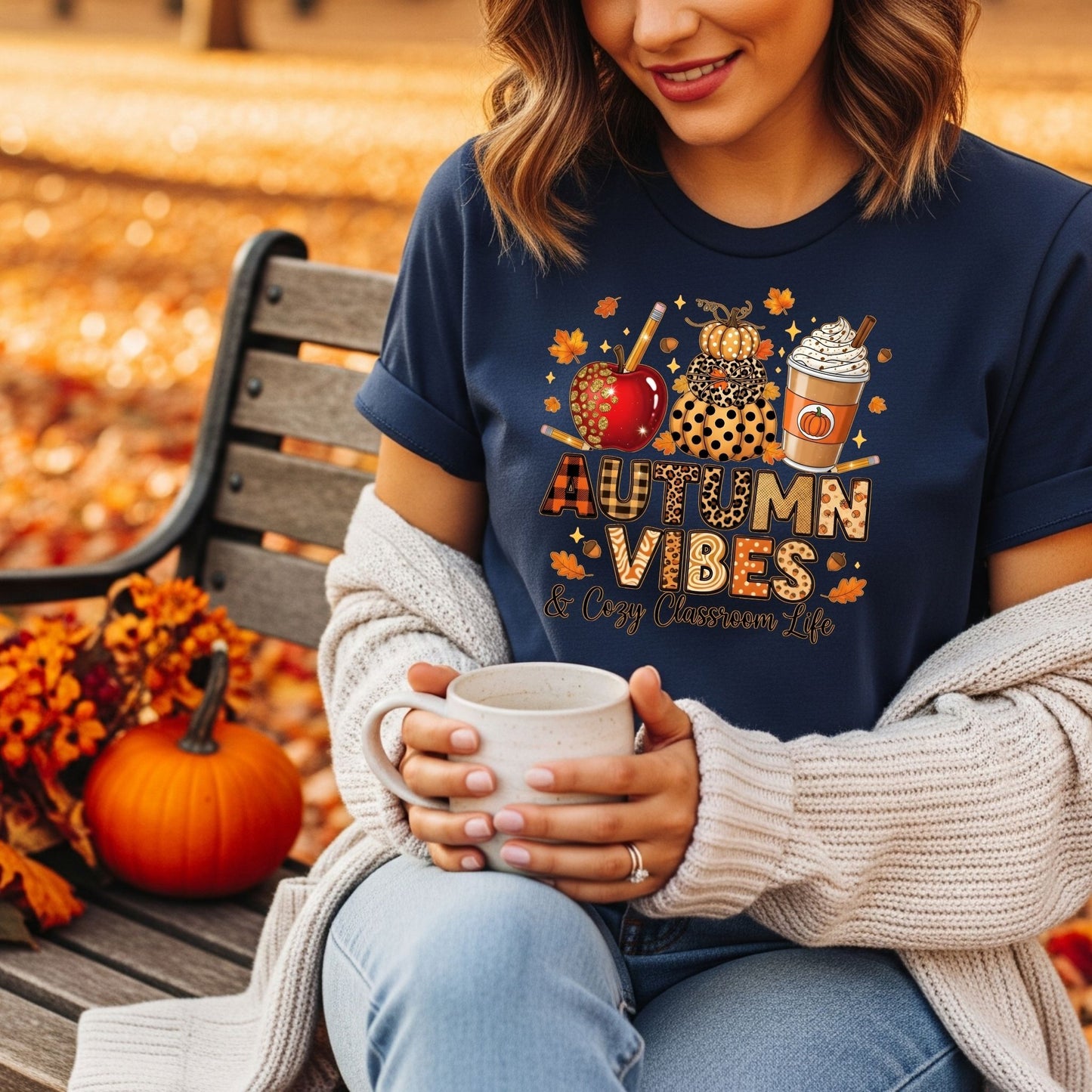 Autumn Vibes & Cozy Classroom Life Teacher T-Shirt – Fall Pumpkin Latte Leopard Print Tee