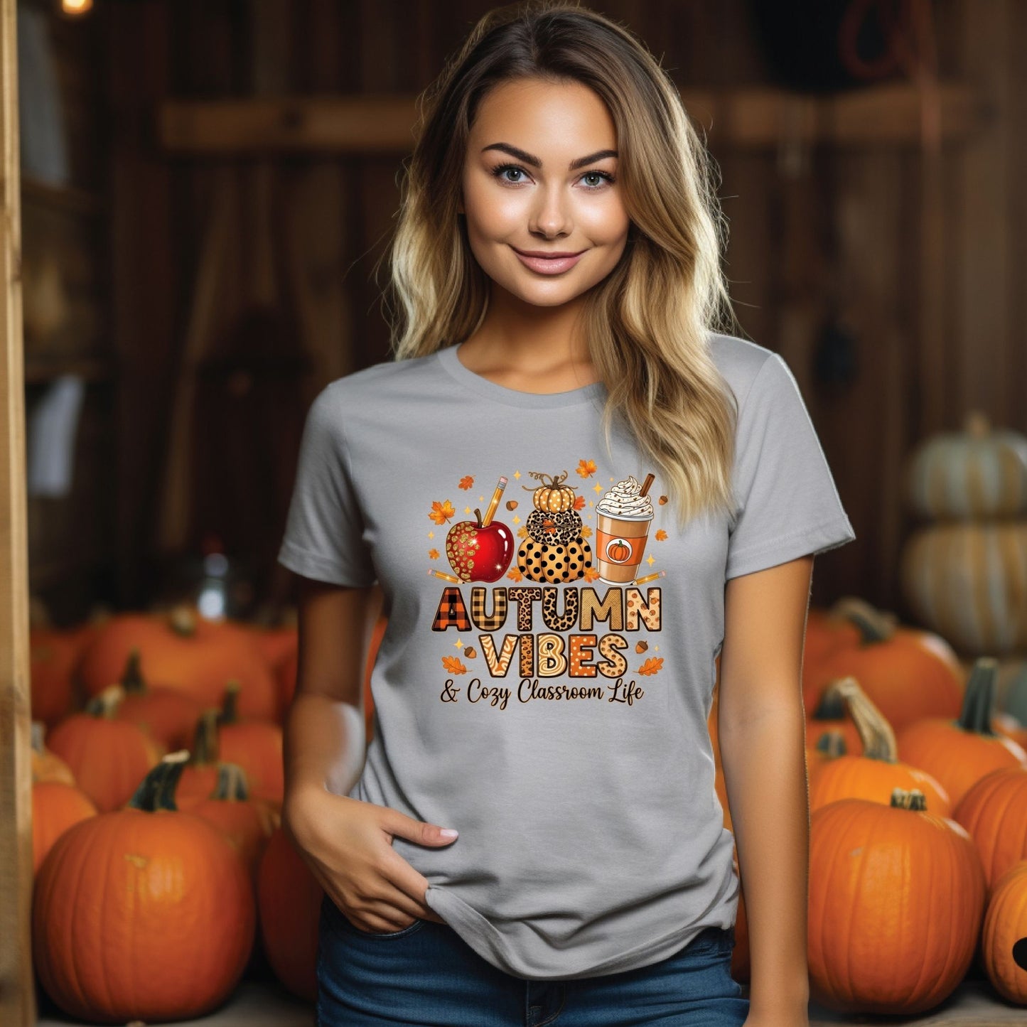 Autumn Vibes & Cozy Classroom Life Teacher T-Shirt – Fall Pumpkin Latte Leopard Print Tee