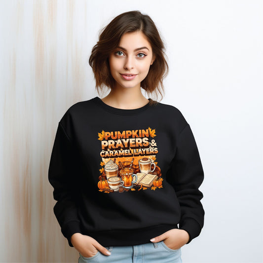Pumpkin Prayers & Caramel Layers Crewneck Sweatshirt – Cozy Fall Coffee & Faith Pullover - Designs By Dice