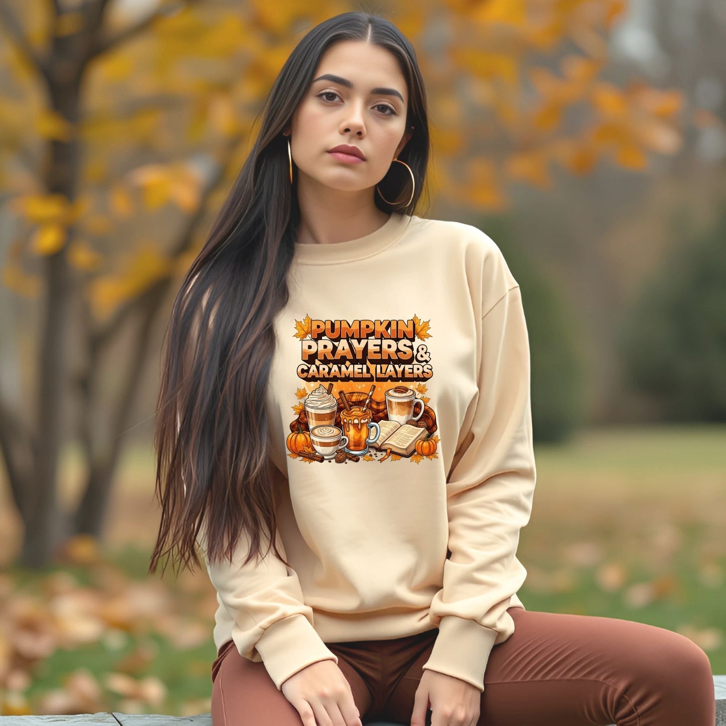 Pumpkin Prayers & Caramel Layers Crewneck Sweatshirt – Cozy Fall Coffee & Faith Pullover