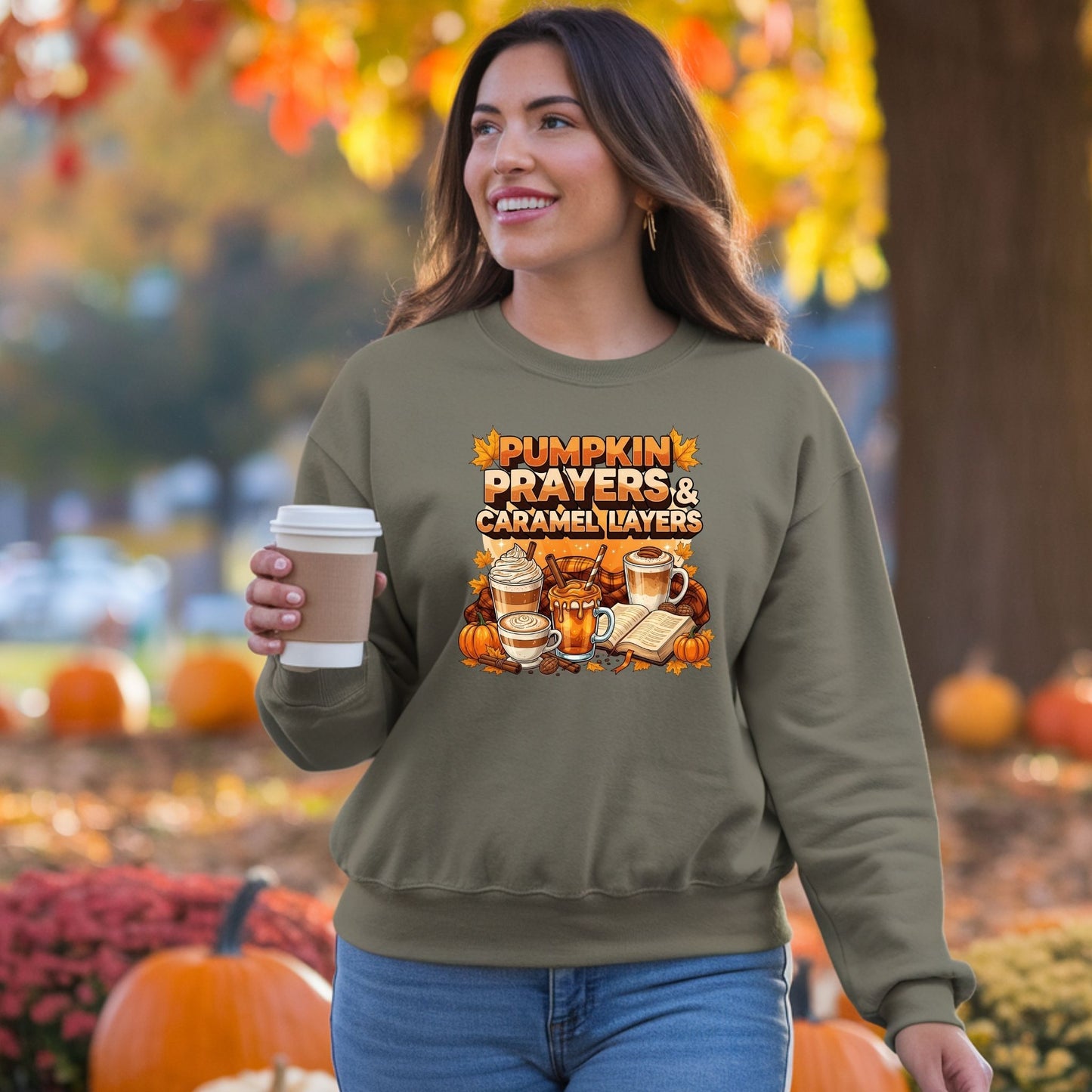 Pumpkin Prayers & Caramel Layers Crewneck Sweatshirt – Cozy Fall Coffee & Faith Pullover
