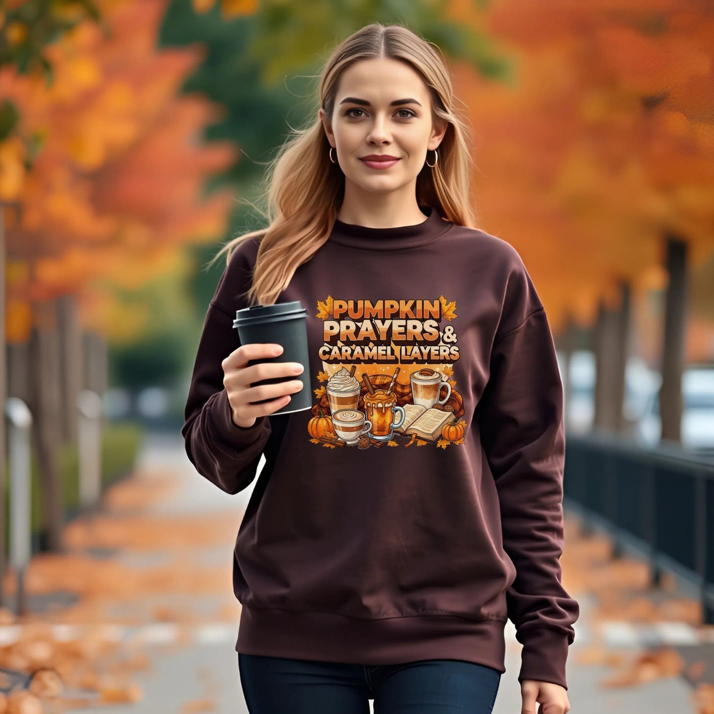 Pumpkin Prayers & Caramel Layers Crewneck Sweatshirt – Cozy Fall Coffee & Faith Pullover
