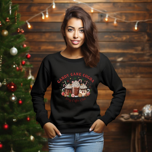 Candy Cane Cocoa Cozy Coffee Club Crewneck Sweatshirt – Festive Holiday Peppermint Lovers Sweater - Designs By Dice