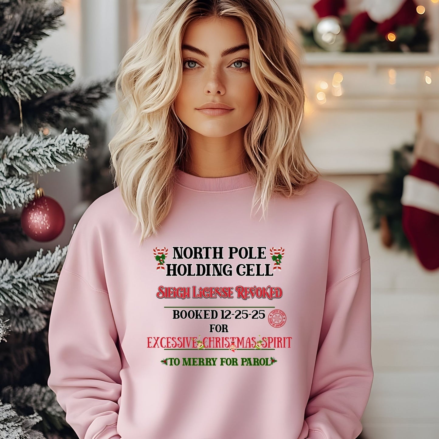 North Pole Holding Cell Crewneck Sweatshirt – Funny Christmas “Sleigh License Revoked” Holiday Sweater