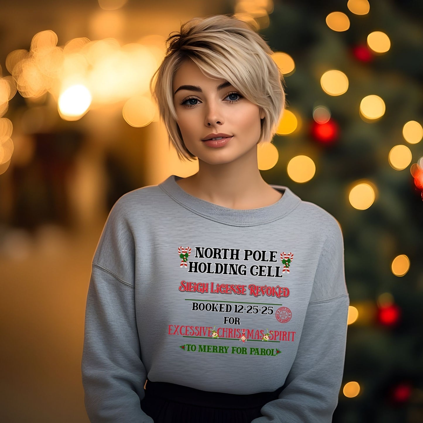 North Pole Holding Cell Crewneck Sweatshirt – Funny Christmas “Sleigh License Revoked” Holiday Sweater