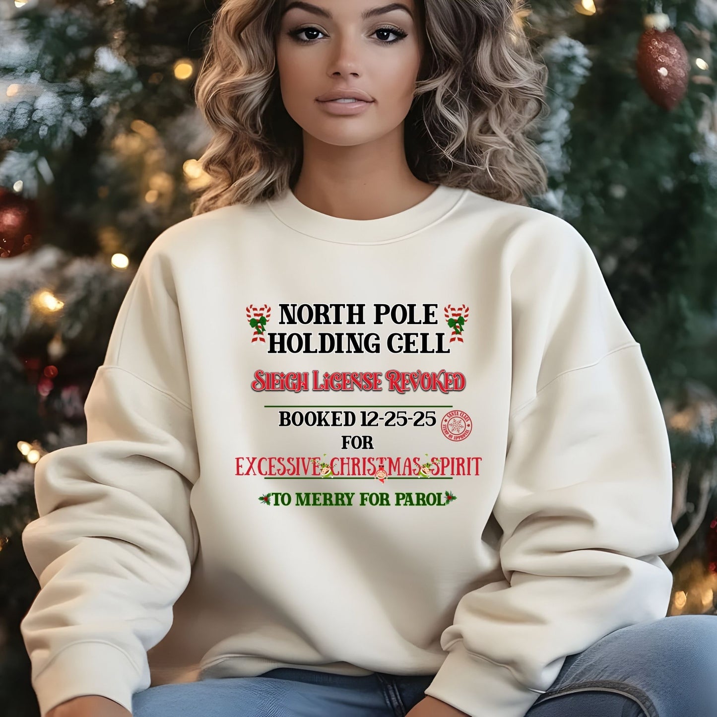 North Pole Holding Cell Crewneck Sweatshirt – Funny Christmas “Sleigh License Revoked” Holiday Sweater