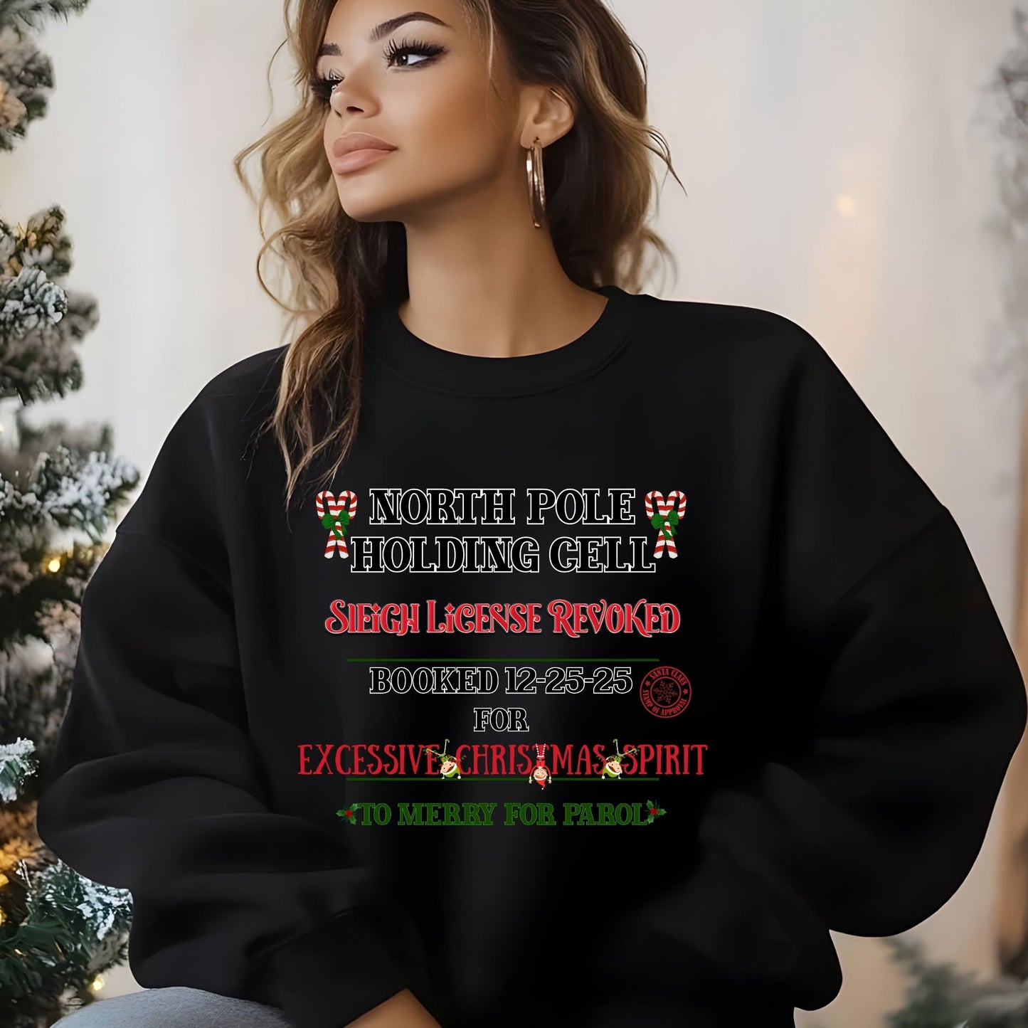 North Pole Holding Cell Crewneck Sweatshirt – Funny Christmas “Sleigh License Revoked” Holiday Sweater